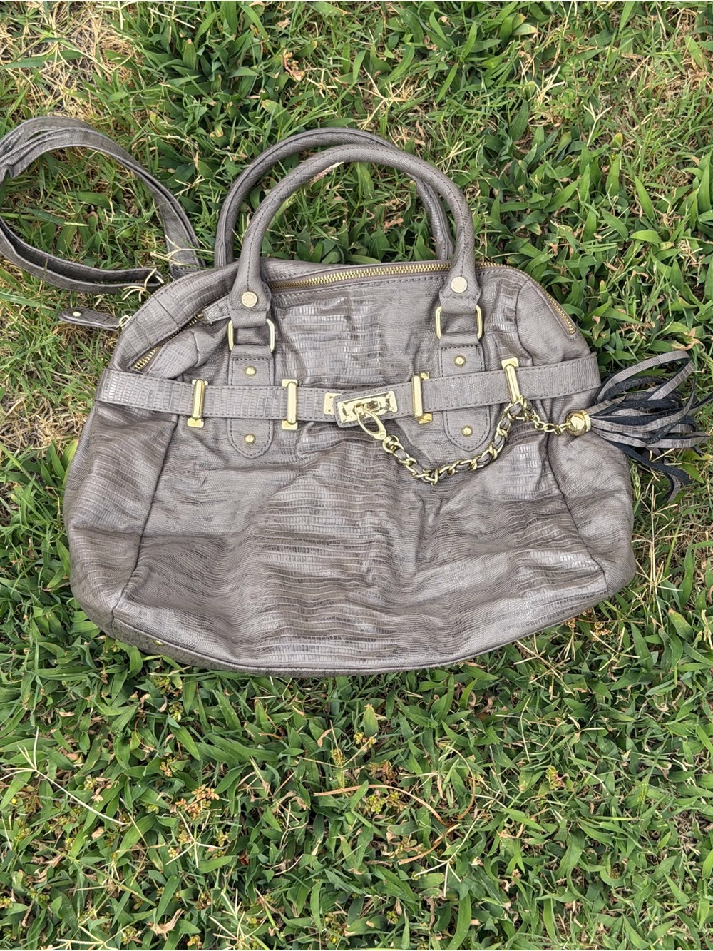 Steve Madden Metallic Gray Textured Satchel with Gold Chain Detail
